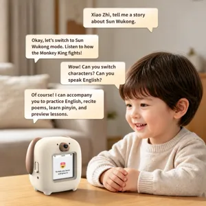 Intelligenter KI Begleiter Welpe Lautsprecher mit Bildschirm fuer Kinder, WLAN Lernspielzeug.