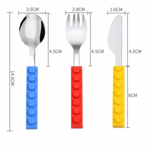 Stainless steel baby cutlery set with silicone block handles, safe infant spoon fork knife