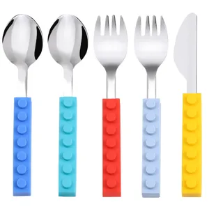 Children stainless steel cutlery set with silicone building block handles baby tableware