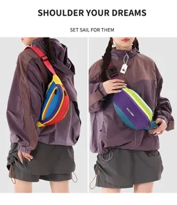 Detail der lebendigen Colorblock-Gürteltasche, verstellbarer Riemen, lässige Outdoor-Tasche.