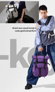 Detailed view of the stylish roll-top casual backpack, large capacity and durable material.