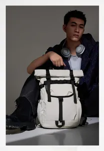 Unisex roll top backpack in off white with black straps, large capacity casual daypack for travel.