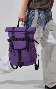 Unisex purple roll-top backpack, durable outdoor casual travel bag with large capacity.