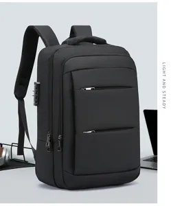 Vue détaillée du sac à dos de voyage d'affaires noir avec compartiments et serrure.