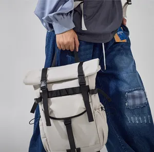 Unisex Roll Top Backpack Outdoor Casual Wear Resistant Large Travel Laptop Bag Gray