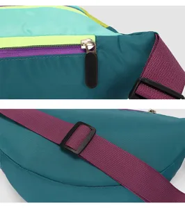 Farbblock Nylon Gürteltasche Detail mit robustem Reißverschluss und verstellbarem Gurt.