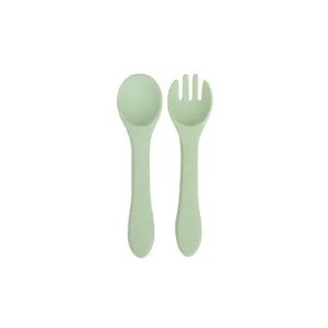 Silicone baby spoon and fork set, soft feeding training utensils for infants toddlers.