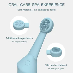 Silicone pet toothbrush detail view showing soft bristles and tongue cleaning brush head.