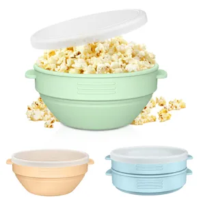 Siliconen popcorn kom detail met inklapbaar ontwerp, dubbele handgrepen en bijpassend deksel.
