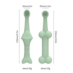 Silicone pet toothbrush detail view showing dimensions and weight for small dogs and cats.