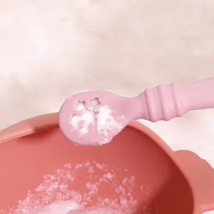 Baby silicone training spoon and bowl set for feeding infants delicious solid food.
