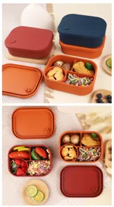 Silicone bento lunch box with partitioned compartments, food-grade microwave safe food container.