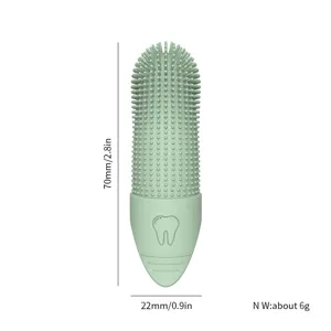 Silicone pet toothbrush detail view showing soft bristles, tooth icon, and dimension specs.