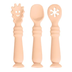 Baby silicone feeding spoon fork set toddler training utensils cute design 3pcs set
