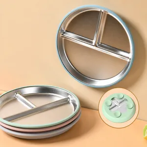 Stainless Steel Silicone Divider Dinner Plate Kids Suction Plate Anti-Slip Baby Feeding Tableware Compartment Food Tray