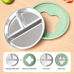 Stainless Steel Toddler Divided Plate with Removable Silicone Suction Base for Kids Feeding
