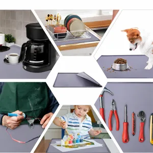 Multi-purpose silicone mat for kitchen coffee bar, dish drying, pet feeding, and tool protection.