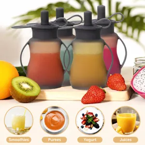 Silicone baby food storage pouch with handles and straw cover, perfect for fruit puree and snacks.