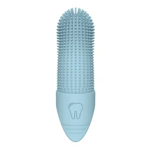 Blue silicone pet finger toothbrush for dogs and cats dental care and cleaning tool.