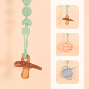 Silicone pacifier chain set with baby teether and pacifier holder for newborn infants.