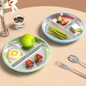 Stainless steel divided plate with silicone rim, toddler baby feeding suction dinnerware set.