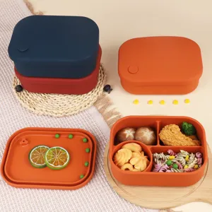 Food-grade silicone lunch box, microwave safe bento box with partitioned compartments.