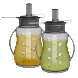 Baby food storage pouch with dual handles and clear ml oz scale for infant feeding, leakproof.