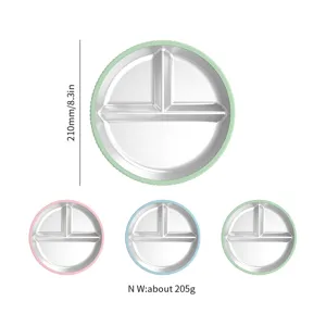 Stainless steel baby divided plate with silicone rim, multi-color suction plate 210mm
