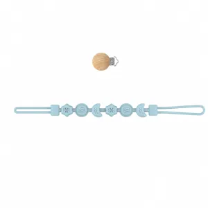 Silicone pacifier chain with wooden clip and stainless steel fastener for baby soothing use.