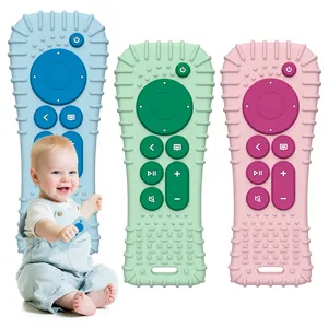 Jouet de dentition bebe en silicone en forme de telecommande, baton molaire apaisant pour enfants.