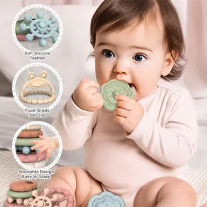 Silicone baby teething toys set, stackable building blocks for color learning and soothing.