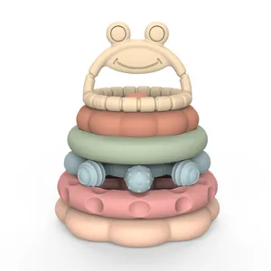 Silicone stacking ring toy for babies, colorful educational early learning sensory building blocks.