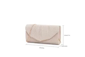 Glittering Pleated Evening Clutch Bag with Metal Chain Strap in Champagne Gold Color