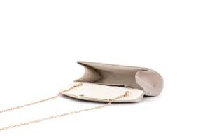 Champagne glitter clutch bag with gold chain strap, elegant evening party accessory.