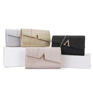 Glitter evening clutch bag for women, elegant wedding party handbag with metal chain strap.