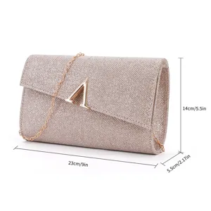 Glitter evening clutch bag for women, wedding party shoulder handbag with chain strap and size.