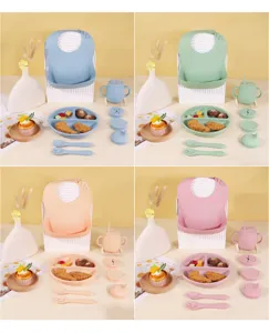 Kit de repas bébé en silicone avec assiette compartimentée bavoir et tasse