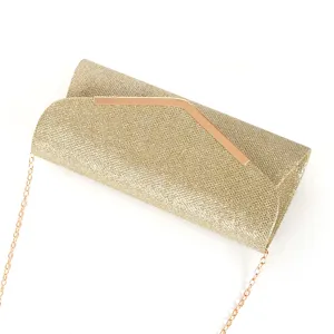 Goldene Glitzer Abendtasche mit V-Form Metallverschluss und Kette für elegante Partys.