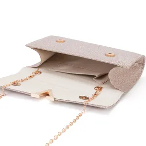 Glitter evening clutch bag for women with metallic chain strap and stylish clasp closure.