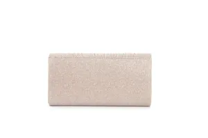 Detailed close-up of a sparkling glitter evening clutch bag with elegant pleats texture.