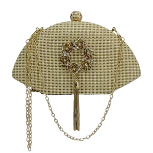 Woven straw clutch bag for women, semi-circular hard box evening bag with chain and tassel.