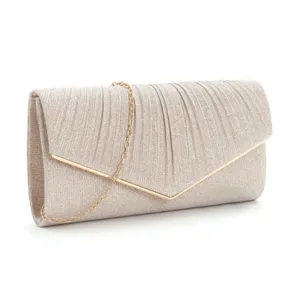 Elegant glitter pleated evening clutch bag with gold chain strap, stylish women shoulder bag.