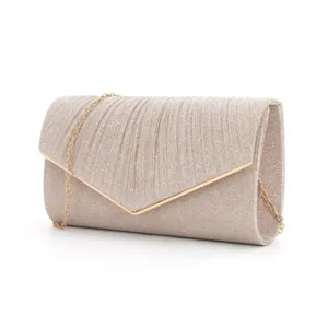 Elegant glitter evening clutch bag with metallic V-shaped trim and detachable chain strap.