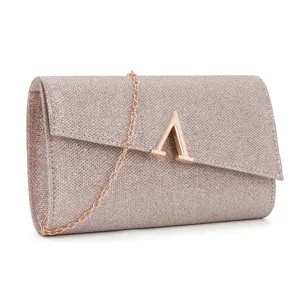 Glitter evening clutch detail view, featuring sparkling finish, metallic chain and letter A hardware.