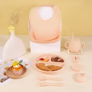 Set de repas bebe en silicone 10 pieces assiette compartimentee bavoir bebe