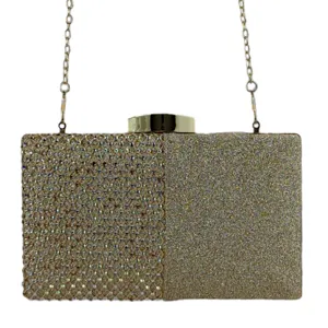 Detail view of the elegant women's evening clutch featuring sparkling rhinestones and glitter.