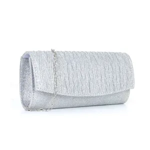 Elegant silver glitter evening clutch bag with pleated texture and stylish chain strap.