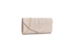 Elegant glitter evening clutch bag for women with gold chain strap, stylish pleated design.