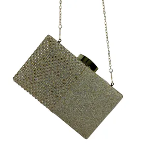 Detail view of sparkling rhinestone clutch bag with delicate metal chain strap for evening party