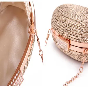 Women woven evening bag detail, elegant rose gold chain clutch purse for party wedding.